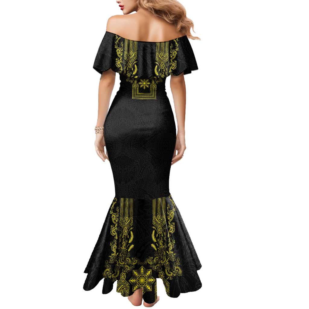 Philippines Barong Style Mermaid Dress with Polynesian Art and Leaf Motif Black-Gold Color LT03 - Polynesian Pride