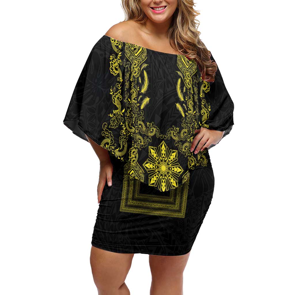 Philippines Barong Style Off Shoulder Short Dress with Polynesian Art and Leaf Motif Black-Gold Color LT03 Women Black - Polynesian Pride