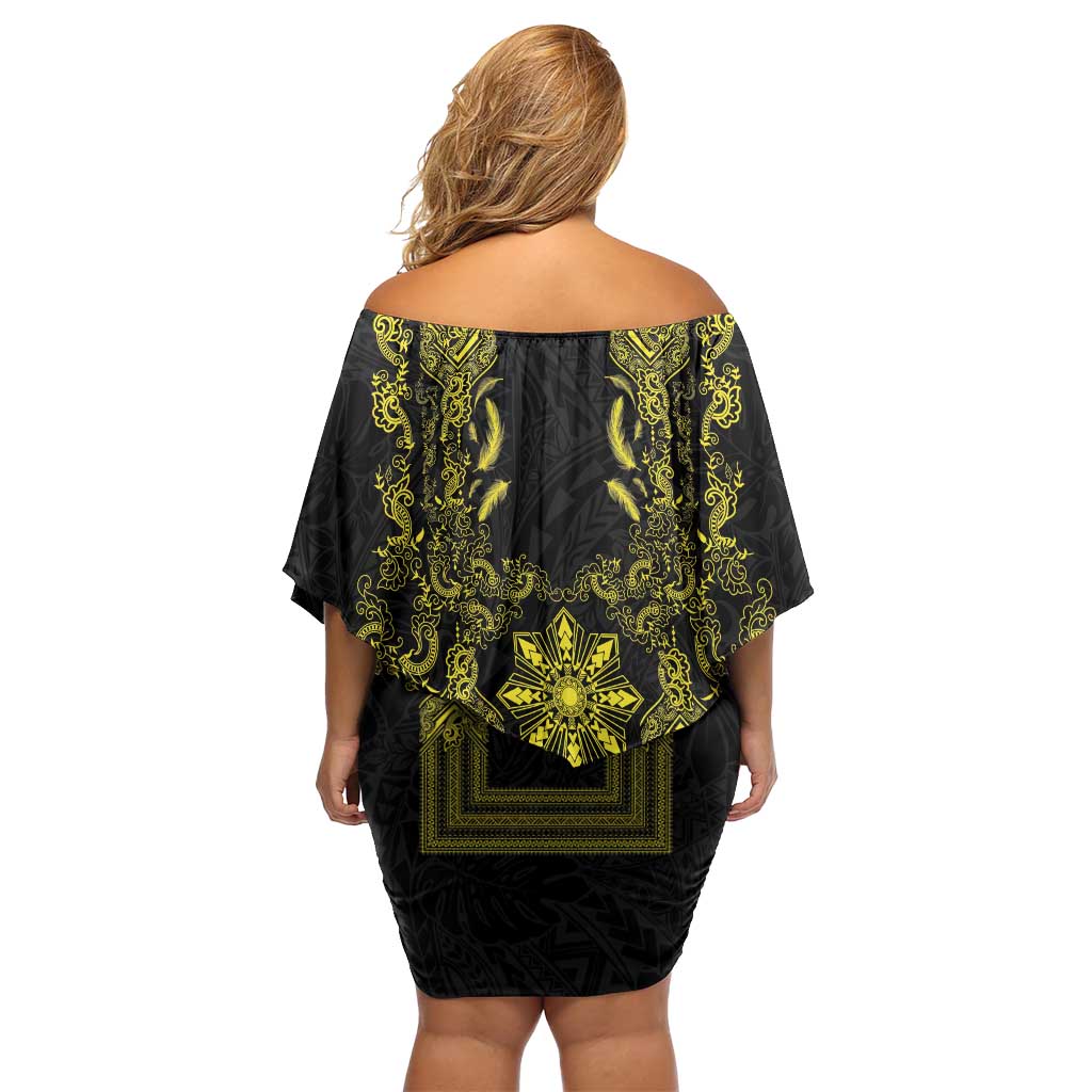 Philippines Barong Style Off Shoulder Short Dress with Polynesian Art and Leaf Motif Black-Gold Color LT03 - Polynesian Pride