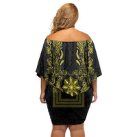 Philippines Barong Style Off Shoulder Short Dress with Polynesian Art and Leaf Motif Black-Gold Color LT03 - Polynesian Pride