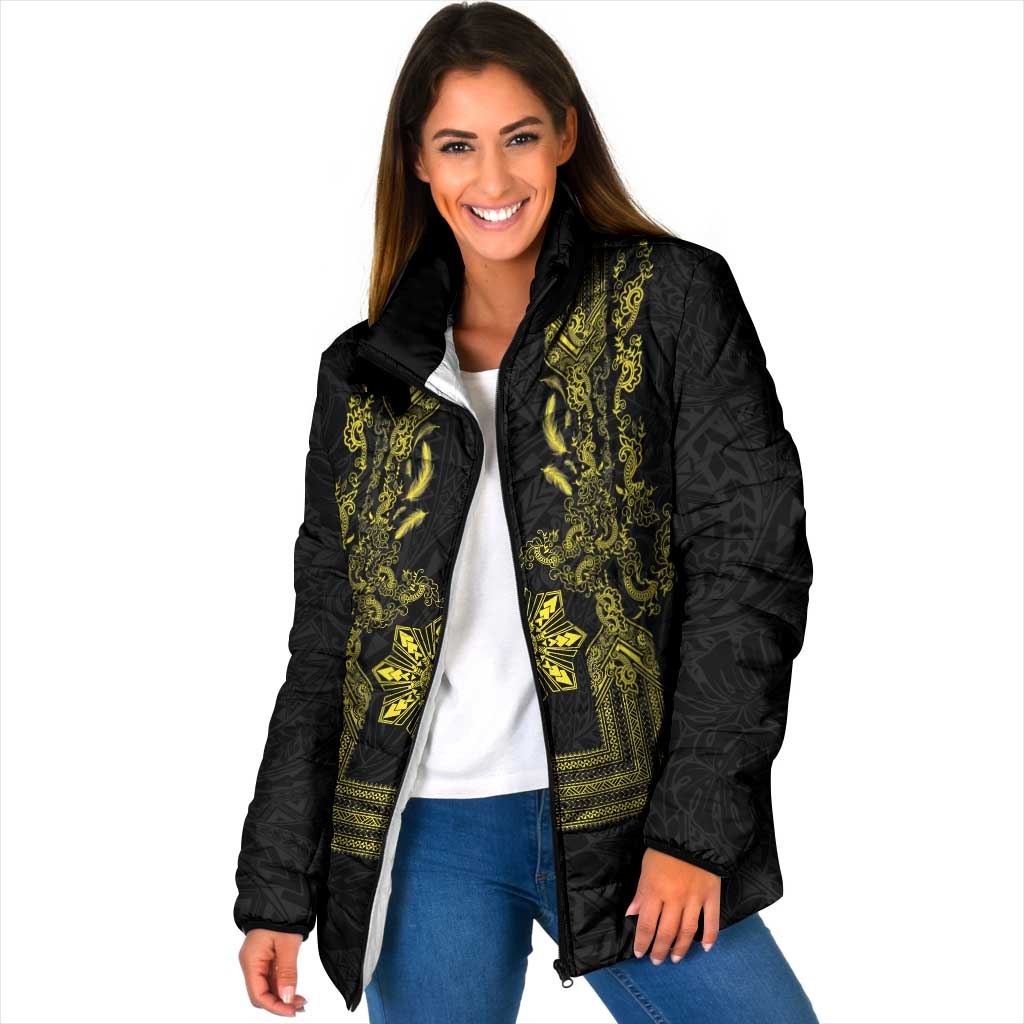 Philippines Barong Style Padded Jacket with Polynesian Art and Leaf Motif Black-Gold Color