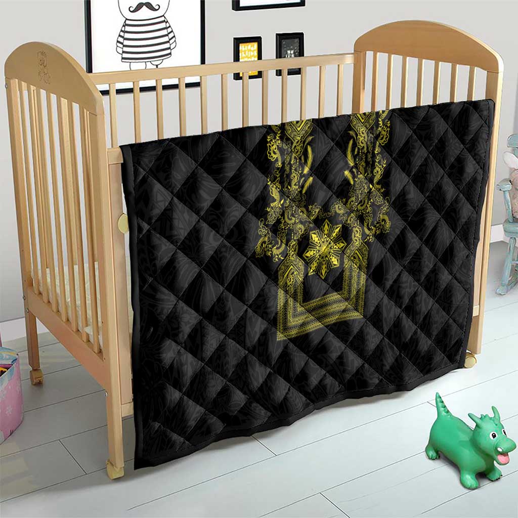 Philippines Barong Style Quilt with Polynesian Art and Leaf Motif Black-Gold Color