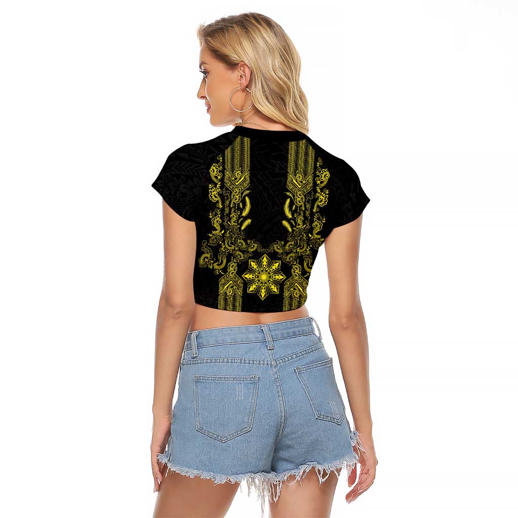 Philippines Barong Style Raglan Cropped T Shirt with Polynesian Art and Leaf Motif Black-Gold Color LT03 - Polynesian Pride