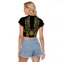 Philippines Barong Style Raglan Cropped T Shirt with Polynesian Art and Leaf Motif Black-Gold Color LT03 - Polynesian Pride