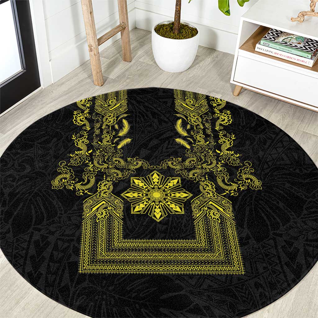 Philippines Barong Style Round Carpet with Polynesian Art and Leaf Motif Black-Gold Color LT03 Black - Polynesian Pride