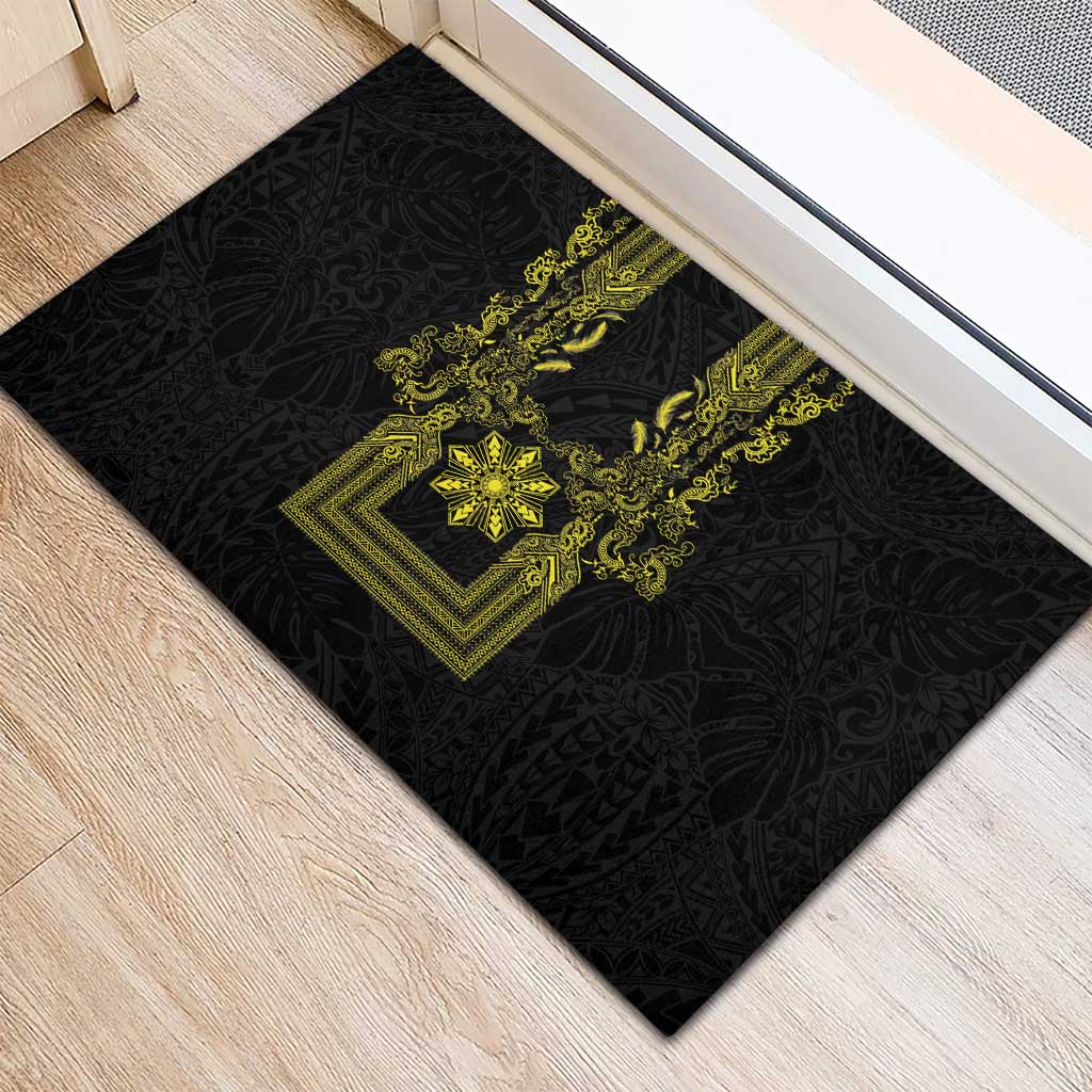 Philippines Barong Style Rubber Doormat with Polynesian Art and Leaf Motif Black-Gold Color LT03 - Polynesian Pride