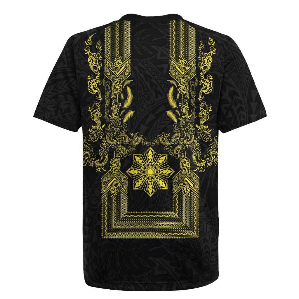 Philippines Barong Style Rugby Jersey with Polynesian Art and Leaf Motif Black-Gold Color