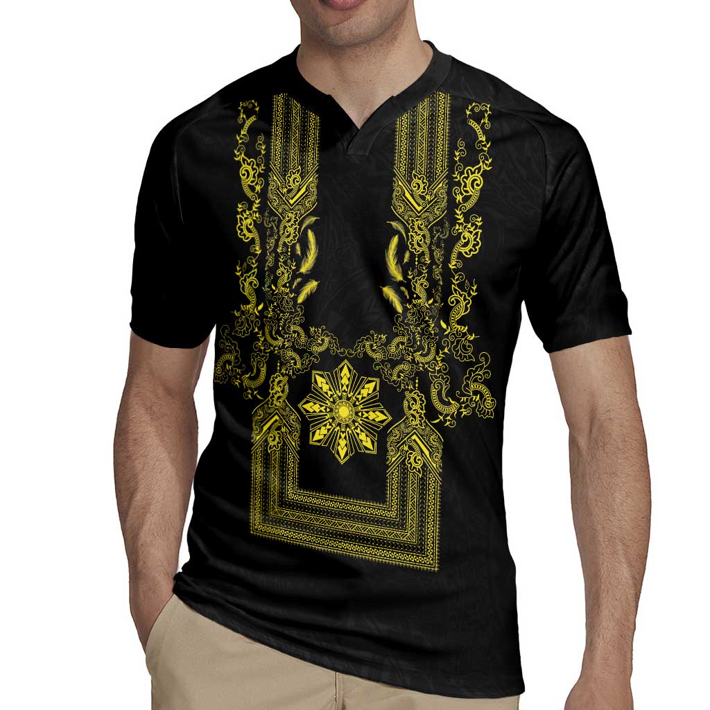 Philippines Barong Style Rugby Jersey with Polynesian Art and Leaf Motif Black-Gold Color