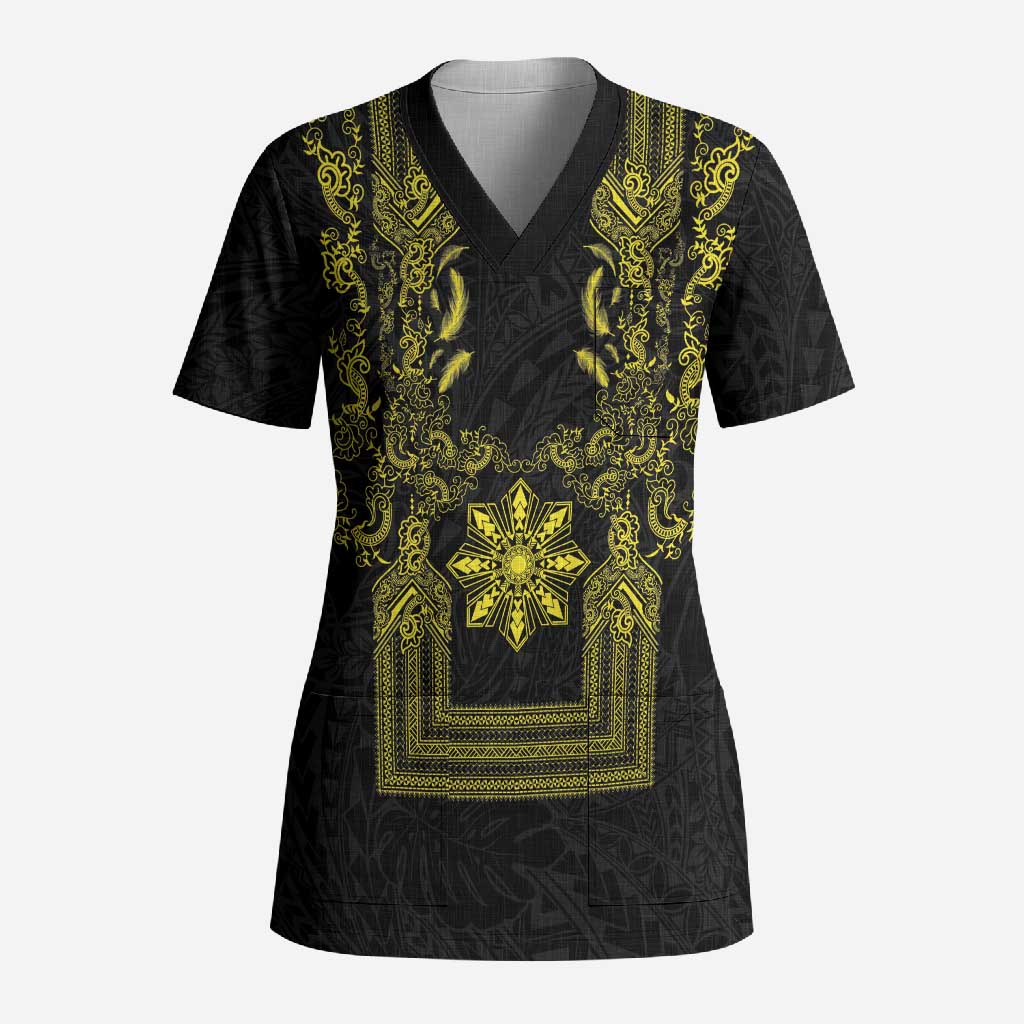 Philippines Barong Style Scrub Top with Polynesian Art and Leaf Motif Black-Gold Color LT03 Adult Black - Polynesian Pride