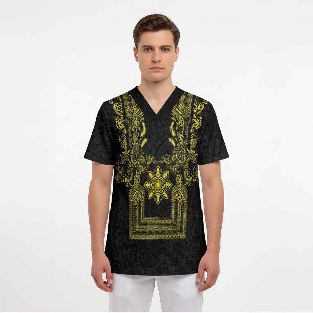 Philippines Barong Style Scrub Top with Polynesian Art and Leaf Motif Black-Gold Color