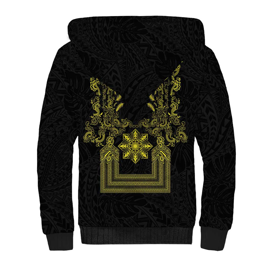 Philippines Barong Style Sherpa Hoodie with Polynesian Art and Leaf Motif Black-Gold Color LT03 - Polynesian Pride