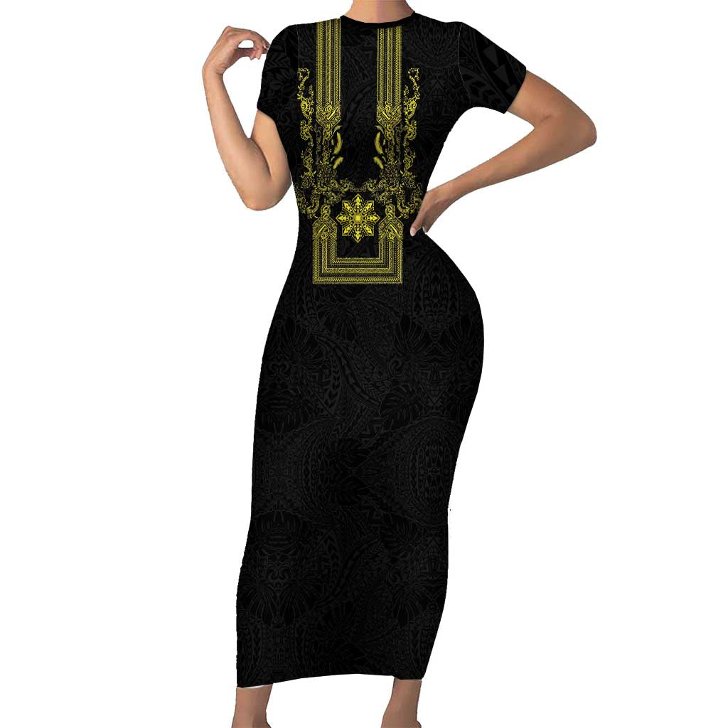 Philippines Barong Style Short Sleeve Bodycon Dress with Polynesian Art and Leaf Motif Black-Gold Color LT03 Long Dress Black - Polynesian Pride