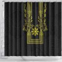 Philippines Barong Style Shower Curtain with Polynesian Art and Leaf Motif Black-Gold Color