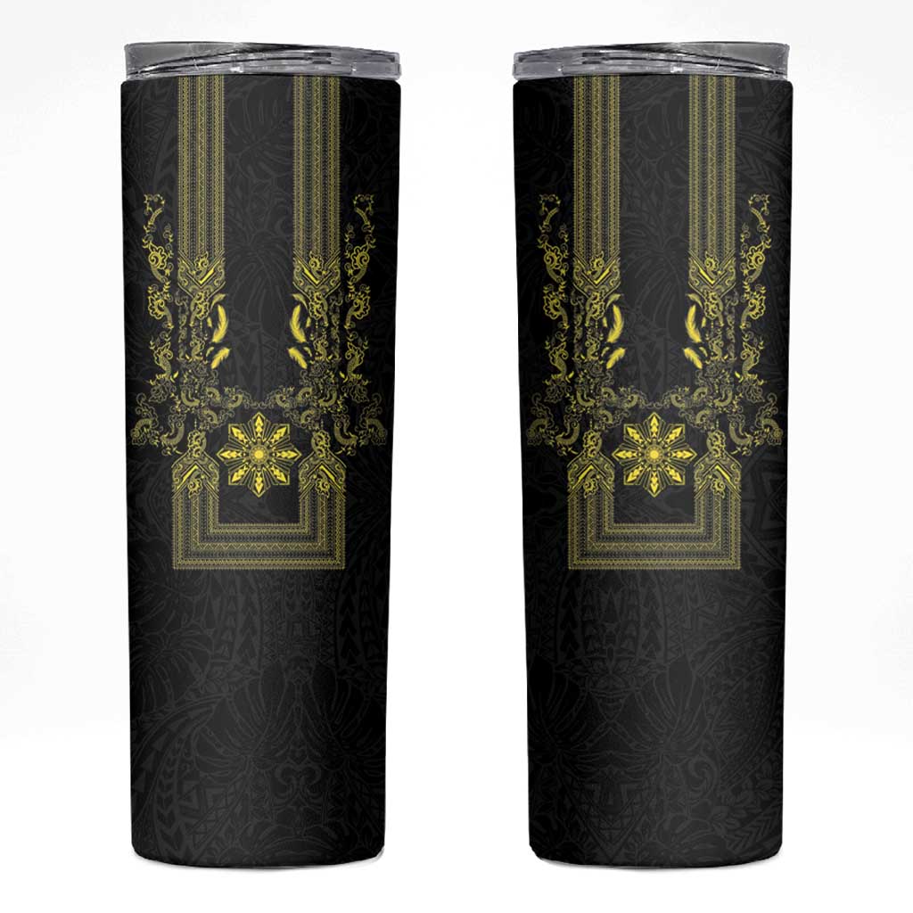 Philippines Barong Style Skinny Tumbler with Polynesian Art and Leaf Motif Black-Gold Color LT03 Black - Polynesian Pride