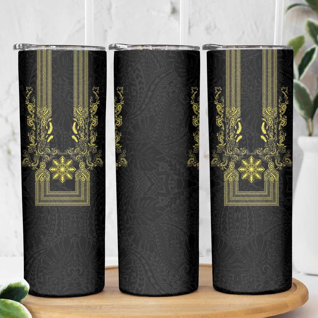 Philippines Barong Style Skinny Tumbler with Polynesian Art and Leaf Motif Black-Gold Color LT03 - Polynesian Pride