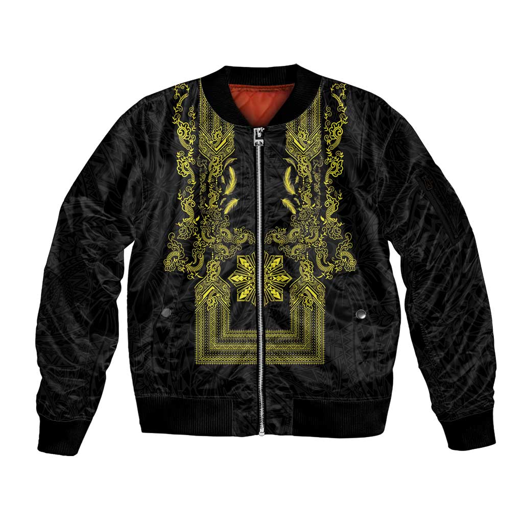 Philippines Barong Style Sleeve Zip Bomber Jacket with Polynesian Art and Leaf Motif Black-Gold Color LT03 Unisex Black - Polynesian Pride