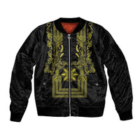Philippines Barong Style Sleeve Zip Bomber Jacket with Polynesian Art and Leaf Motif Black-Gold Color LT03 Unisex Black - Polynesian Pride
