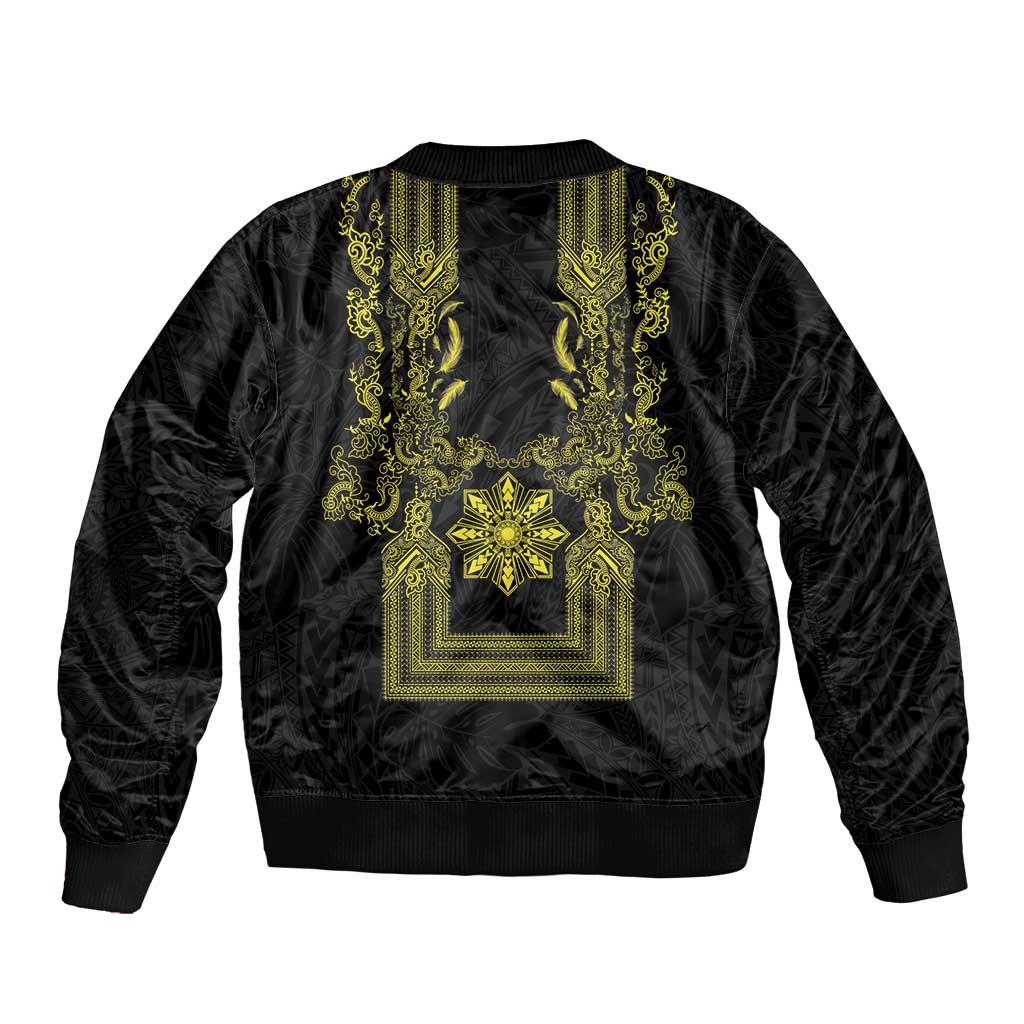 Philippines Barong Style Sleeve Zip Bomber Jacket with Polynesian Art and Leaf Motif Black-Gold Color LT03 - Polynesian Pride