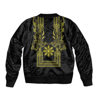 Philippines Barong Style Sleeve Zip Bomber Jacket with Polynesian Art and Leaf Motif Black-Gold Color LT03 - Polynesian Pride