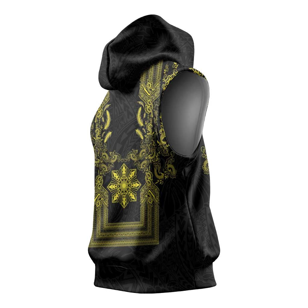 Philippines Barong Style Sleeveless Hoodie with Polynesian Art and Leaf Motif Black-Gold Color LT03 - Polynesian Pride