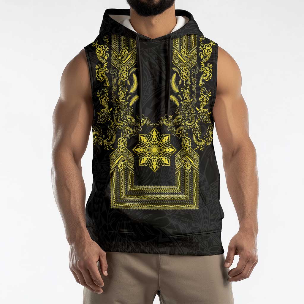 Philippines Barong Style Sleeveless Hoodie with Polynesian Art and Leaf Motif Black-Gold Color LT03 - Polynesian Pride