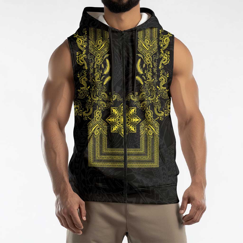 Philippines Barong Style Sleeveless Zip Hoodie with Polynesian Art and Leaf Motif Black-Gold Color LT03 - Polynesian Pride