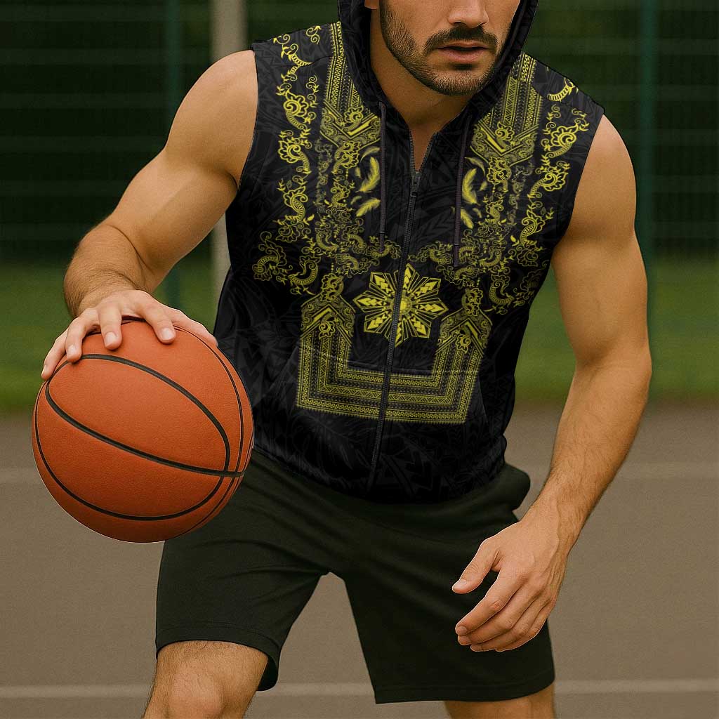 Philippines Barong Style Sleeveless Zip Hoodie with Polynesian Art and Leaf Motif Black-Gold Color LT03 - Polynesian Pride