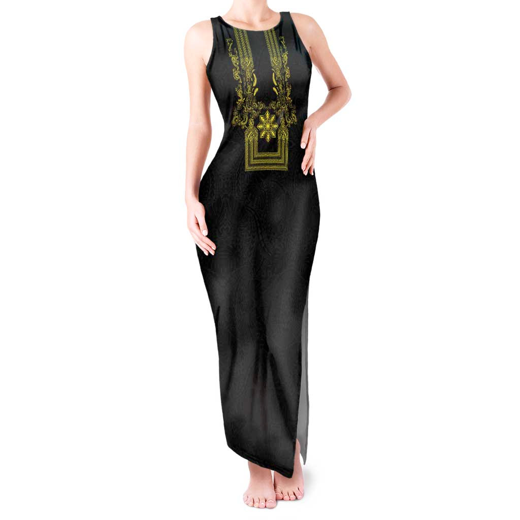 Philippines Barong Style Tank Maxi Dress with Polynesian Art and Leaf Motif Black-Gold Color LT03 Women Black - Polynesian Pride
