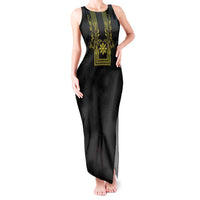 Philippines Barong Style Tank Maxi Dress with Polynesian Art and Leaf Motif Black-Gold Color LT03 Women Black - Polynesian Pride