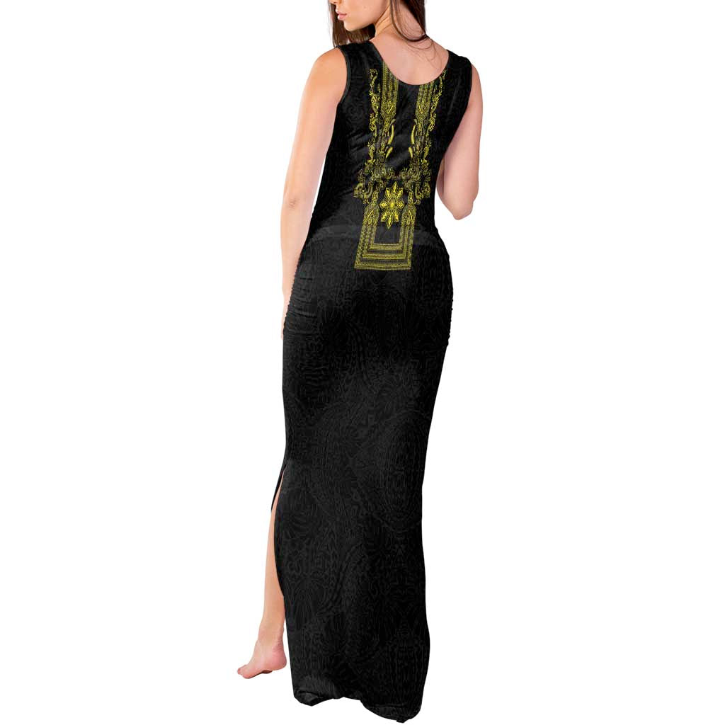 Philippines Barong Style Tank Maxi Dress with Polynesian Art and Leaf Motif Black-Gold Color LT03 - Polynesian Pride