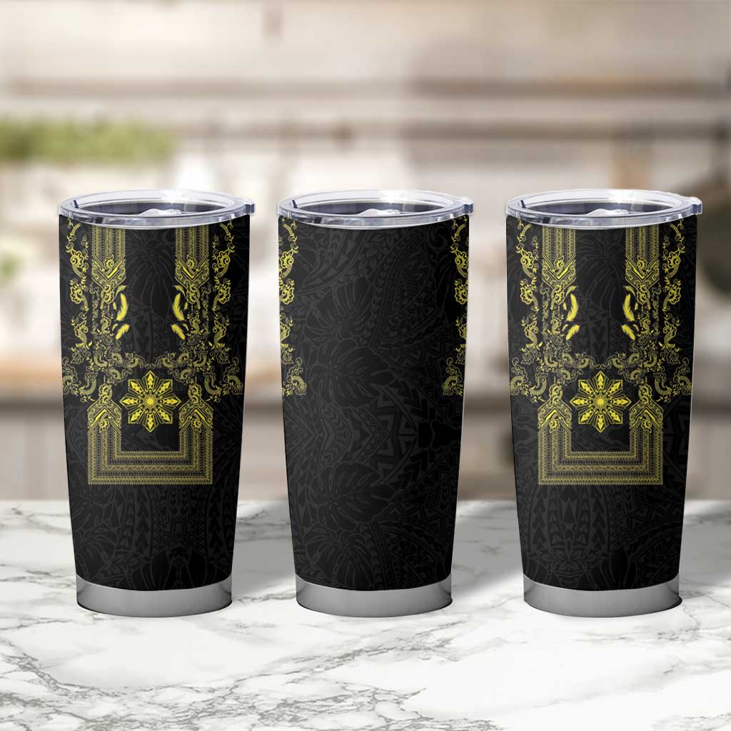 Philippines Barong Style Tumbler Cup with Polynesian Art and Leaf Motif Black-Gold Color