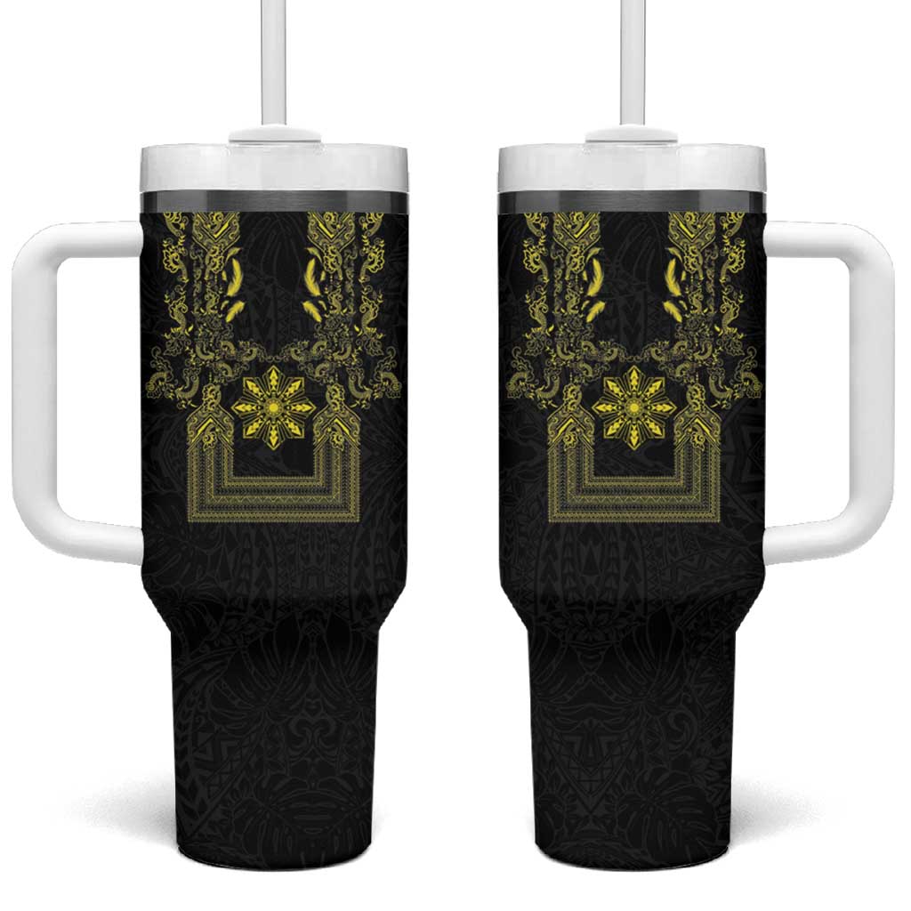 Philippines Barong Style Tumbler With Handle with Polynesian Art and Leaf Motif Black-Gold Color LT03 One Size: 40 oz Black - Polynesian Pride