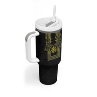 Philippines Barong Style Tumbler With Handle with Polynesian Art and Leaf Motif Black-Gold Color LT03 - Polynesian Pride