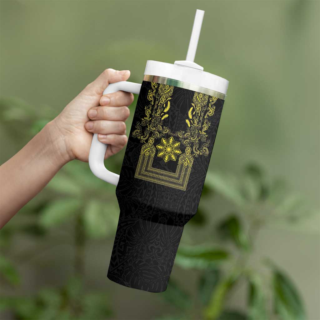 Philippines Barong Style Tumbler With Handle with Polynesian Art and Leaf Motif Black-Gold Color LT03 - Polynesian Pride