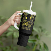 Philippines Barong Style Tumbler With Handle with Polynesian Art and Leaf Motif Black-Gold Color LT03 - Polynesian Pride
