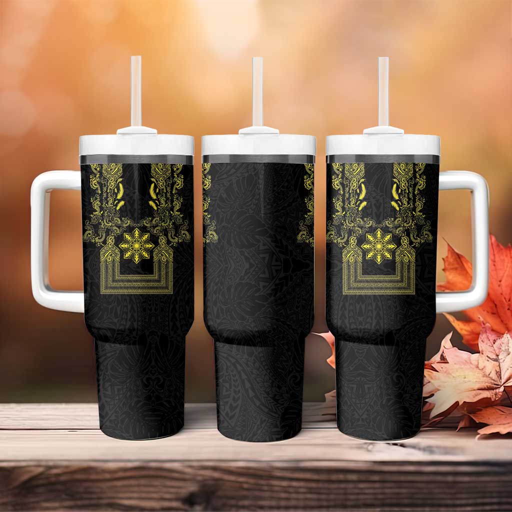 Philippines Barong Style Tumbler With Handle with Polynesian Art and Leaf Motif Black-Gold Color LT03 - Polynesian Pride