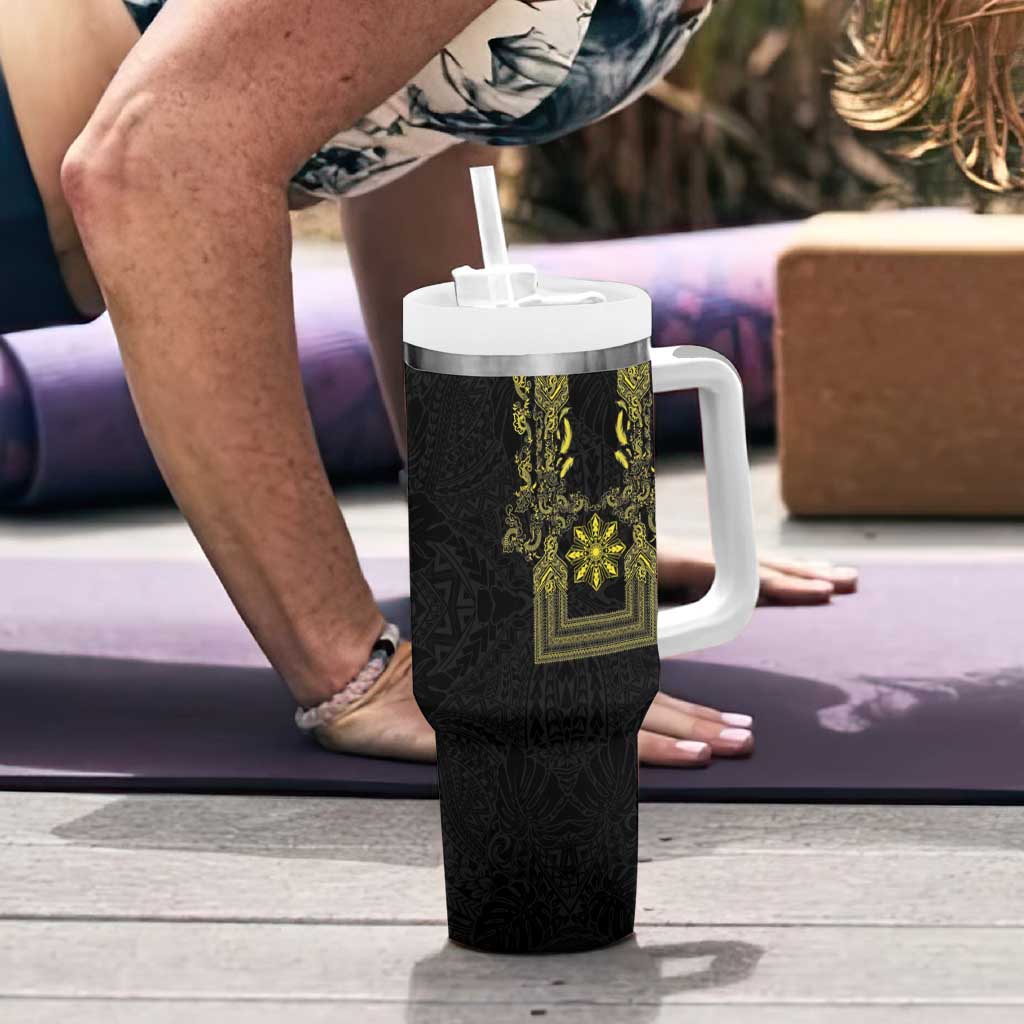 Philippines Barong Style Tumbler With Handle with Polynesian Art and Leaf Motif Black-Gold Color LT03 - Polynesian Pride