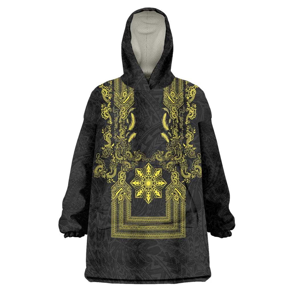 Philippines Barong Style Wearable Blanket Hoodie with Polynesian Art and Leaf Motif Black-Gold Color LT03 One Size Black - Polynesian Pride