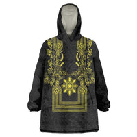 Philippines Barong Style Wearable Blanket Hoodie with Polynesian Art and Leaf Motif Black-Gold Color LT03 One Size Black - Polynesian Pride