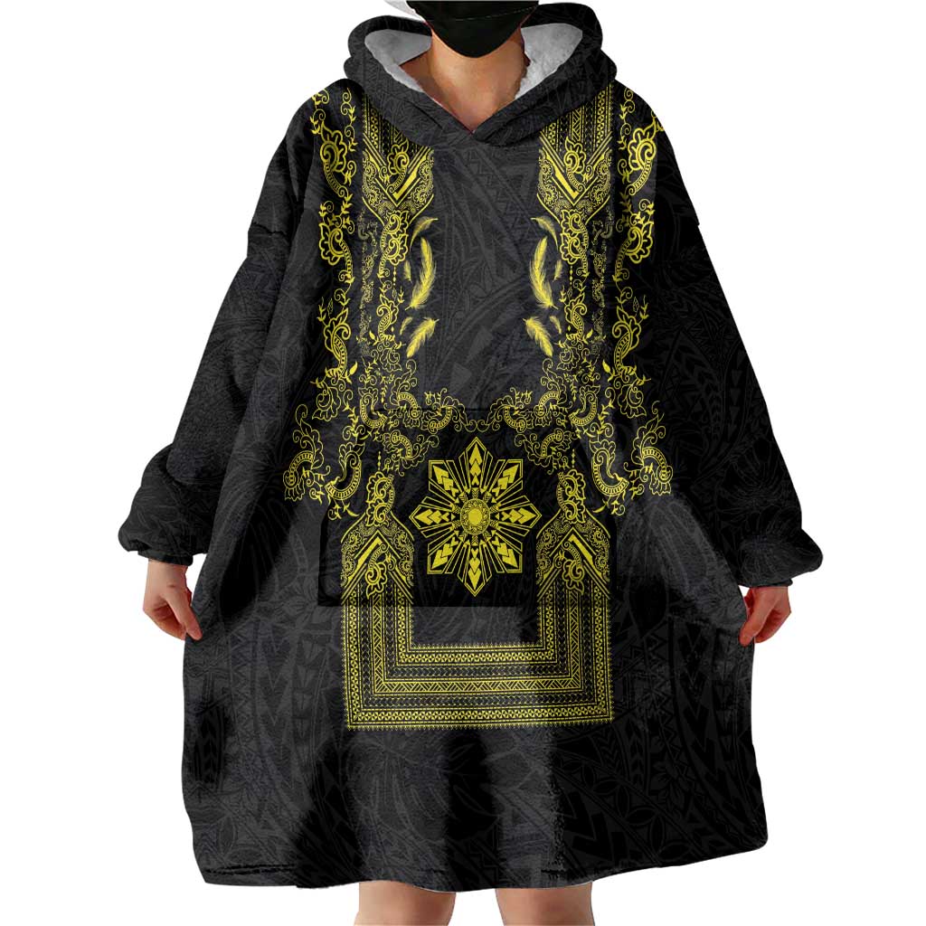 Philippines Barong Style Wearable Blanket Hoodie with Polynesian Art and Leaf Motif Black-Gold Color LT03 - Polynesian Pride
