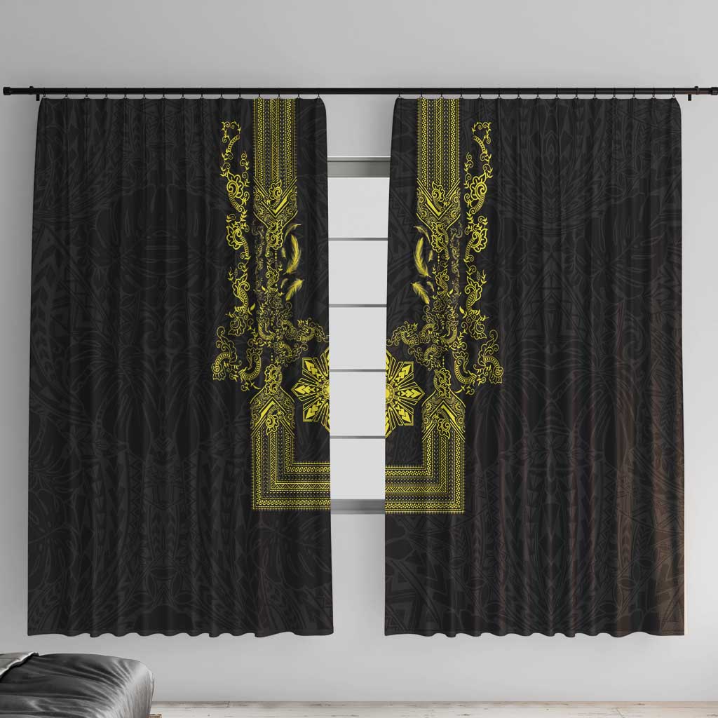 Philippines Barong Style Window Curtain with Polynesian Art and Leaf Motif Black-Gold Color
