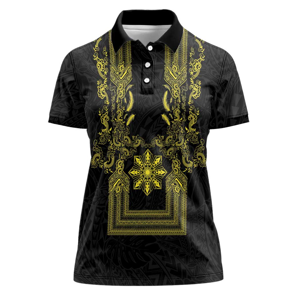 Philippines Barong Style Women Polo Shirt with Polynesian Art and Leaf Motif Black-Gold Color LT03 Female Black - Polynesian Pride
