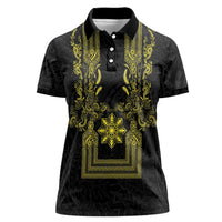 Philippines Barong Style Women Polo Shirt with Polynesian Art and Leaf Motif Black-Gold Color LT03 Female Black - Polynesian Pride