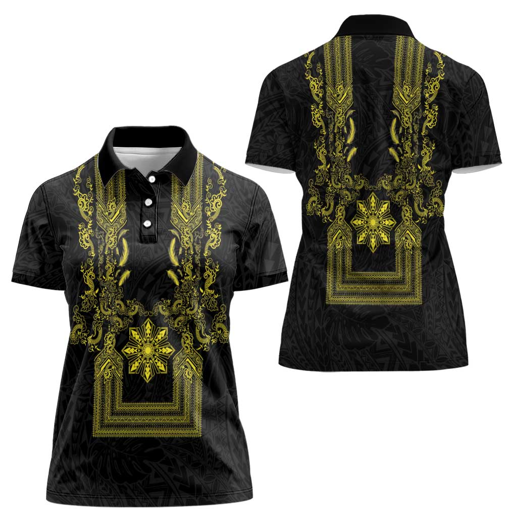 Philippines Barong Style Women Polo Shirt with Polynesian Art and Leaf Motif Black-Gold Color LT03 - Polynesian Pride