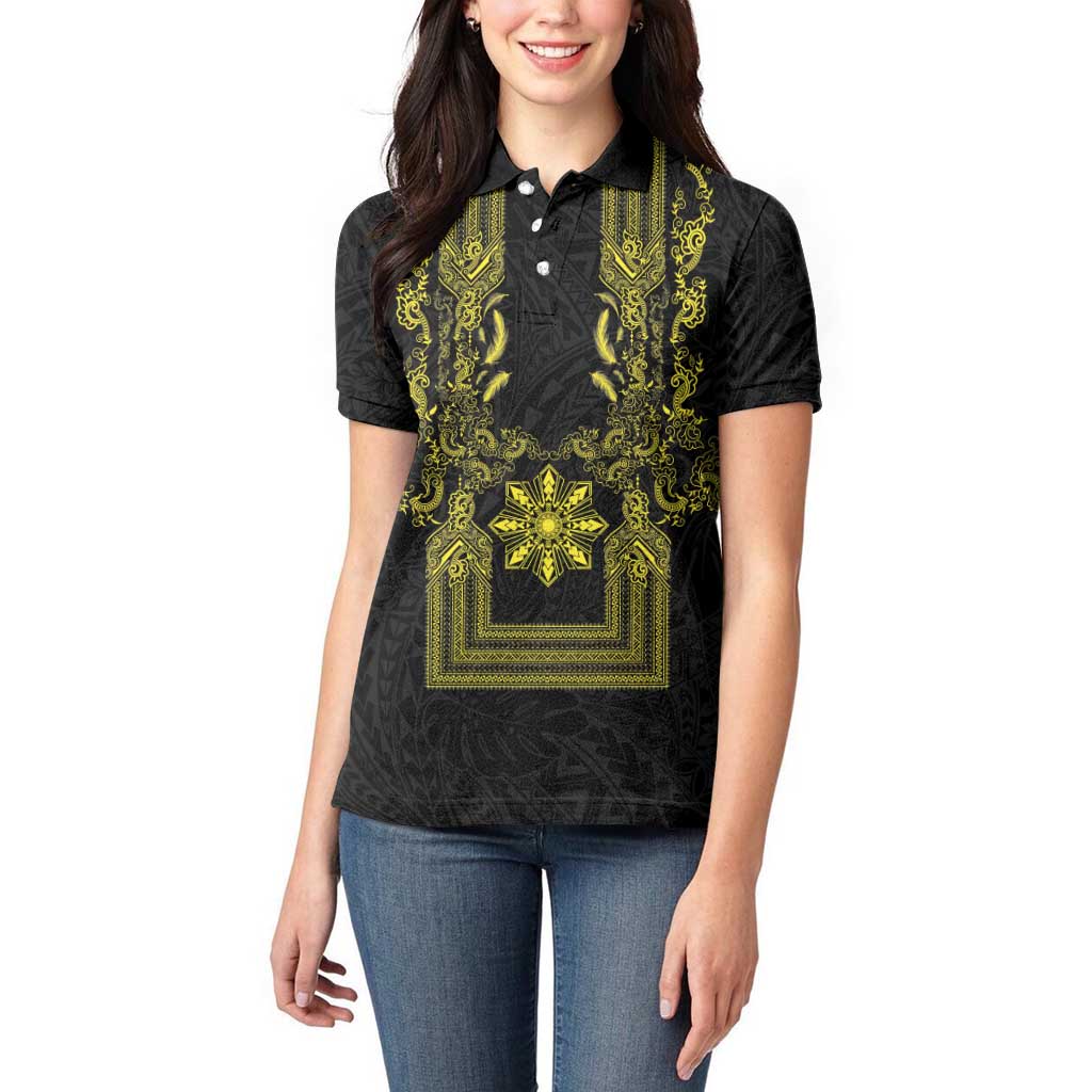 Philippines Barong Style Women Polo Shirt with Polynesian Art and Leaf Motif Black-Gold Color LT03 - Polynesian Pride