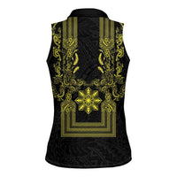 Philippines Barong Style Women Sleeveless Polo Shirt with Polynesian Art and Leaf Motif Black-Gold Color