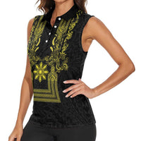 Philippines Barong Style Women Sleeveless Polo Shirt with Polynesian Art and Leaf Motif Black-Gold Color