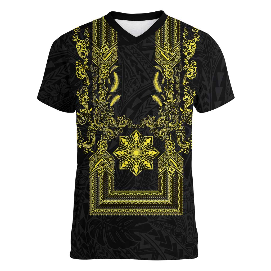Philippines Barong Style Women V-Neck T-Shirt with Polynesian Art and Leaf Motif Black-Gold Color LT03 Female Black - Polynesian Pride