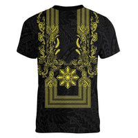 Philippines Barong Style Women V-Neck T-Shirt with Polynesian Art and Leaf Motif Black-Gold Color LT03 - Polynesian Pride