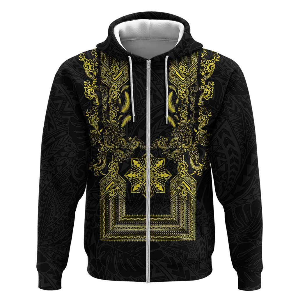 Philippines Barong Style Zip Hoodie with Polynesian Art and Leaf Motif Black-Gold Color LT03 Zip Hoodie Black - Polynesian Pride